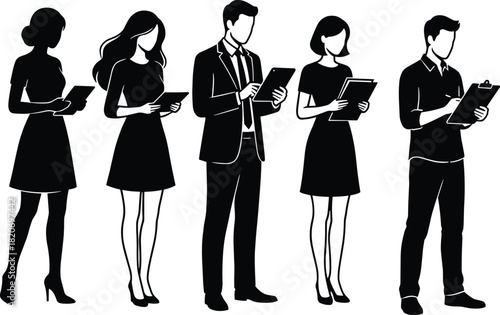 Silhouetted business people, professional team, corporate staff, office workers, teamwork concept, tablet users, clipboard holders, business attire, evaluation, standing pose