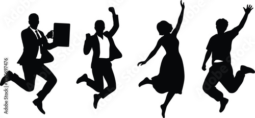 Jumping silhouettes, expressive poses, business celebration, casual joy, dynamic movement, airborne figures, success concept, energy, emotion, professional attire