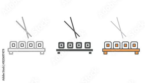 Simple icons depicting sushi rolls with chopsticks in different styles