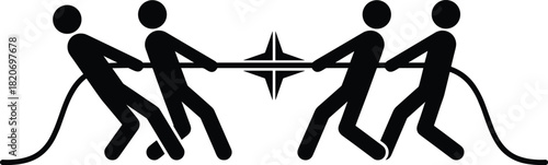 Tug-of-war silhouette, teamwork struggle, competition concept, opposing forces, business challenge, rope tension, effort pose, strategy, balance, energy