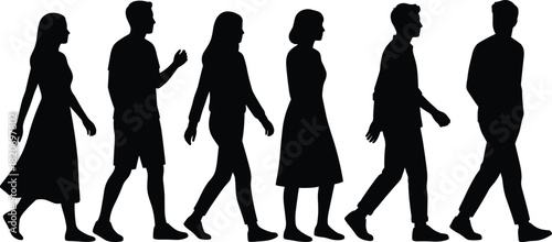 Walking silhouettes, diverse fashion, human motion, casual and formal attire, posture variation, profile view, people mix, white background, stride
