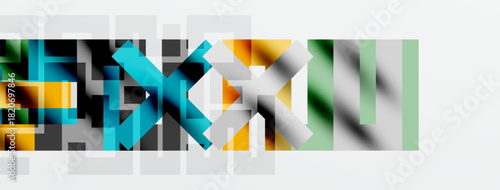 Abstract geometric shapes overlap, creating colorful patterns. Teal, gold, green hues dominate composition. Minimalist design.