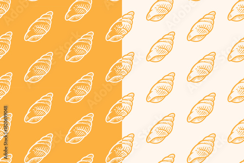 Conch seashell hand drawn seamless pattern on yellow beige background for beach and nautical merchandise. Shellfish engraving doodle pattern background. Marine shell animal hatching motif wallpaper