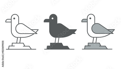 Three stylized seagulls depicted in outline, silhouette, and flat design on simple bases.