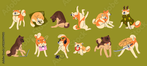 Funny set of Akita or Shiba Inu. Cute Japanese breed dog has fun, plays with toy, sleeps and brings mail. Puppies are crying, working and in Christmas ugly sweater. Flat isolated vector illustrations