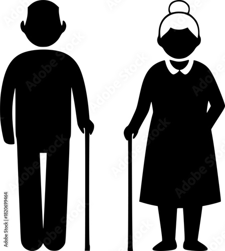 A simple black silhouette illustration of an elderly couple