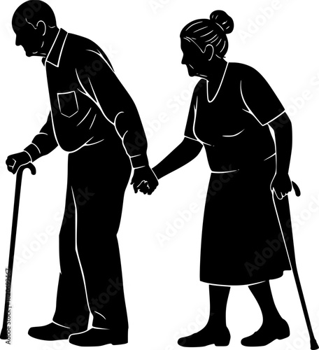 A simple black silhouette illustration of an elderly couple