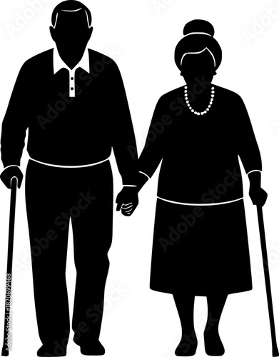 A simple black silhouette illustration of an elderly couple
