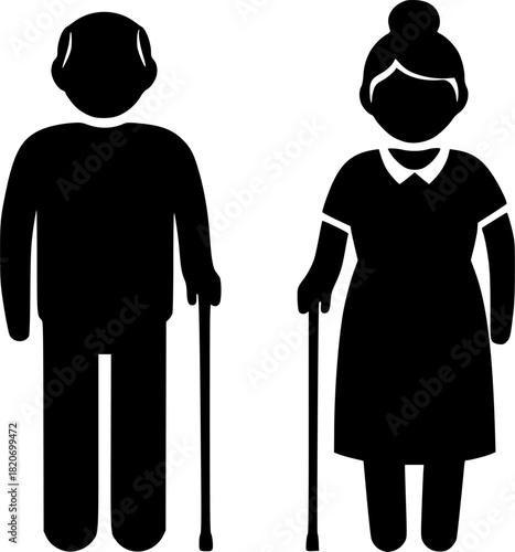 A simple black silhouette illustration of an elderly couple