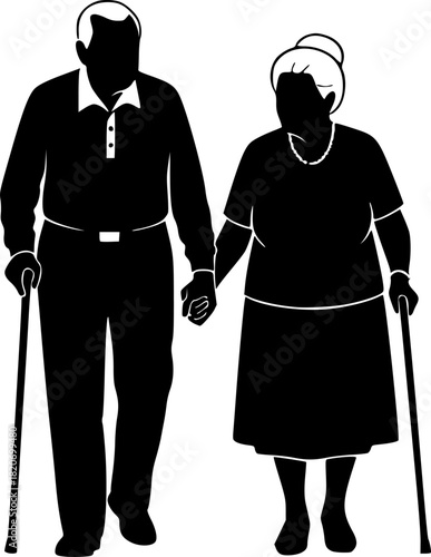 A simple black silhouette illustration of an elderly couple