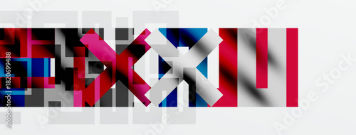 Abstract geometric shapes, vibrant colors, red, blue, pink dominate composition. Minimalist design, modern aesthetic, bold visual impact.