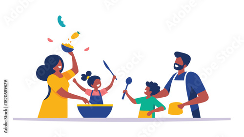 Flat vector illustration of a diverse family happily cooking together in a modern kitchen depicting healthy eating and togetherness
