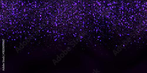 Sparkling purple lametta bg with strass pattern and glowing effect. Star shower or rain abstract vector background. Luxury metallic sequin curtain. Falling shining particles on black background