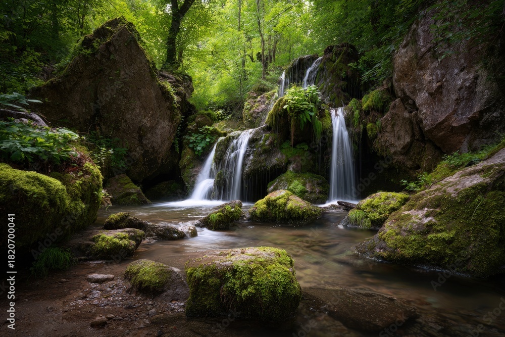 Fototapeta premium Lush forest waterfall scene