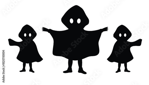 Three stylized figures in hooded cloaks with wide open arms, symbolizing welcome or embrace.