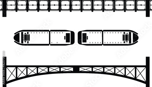 Modern transportation infrastructure with elevated train and barges