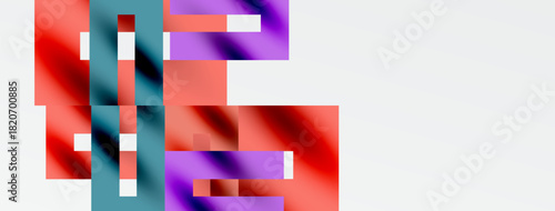 Abstract geometric shapes overlap, creating vibrant color blocks. Red, purple, teal dominate composition. Minimalist design, modern aesthetic.