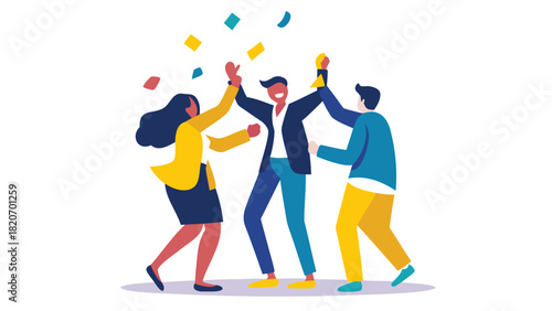 Flat vector illustration of a confident diverse team collaborating and achieving success showcasing unity and teamwork in a professional setting