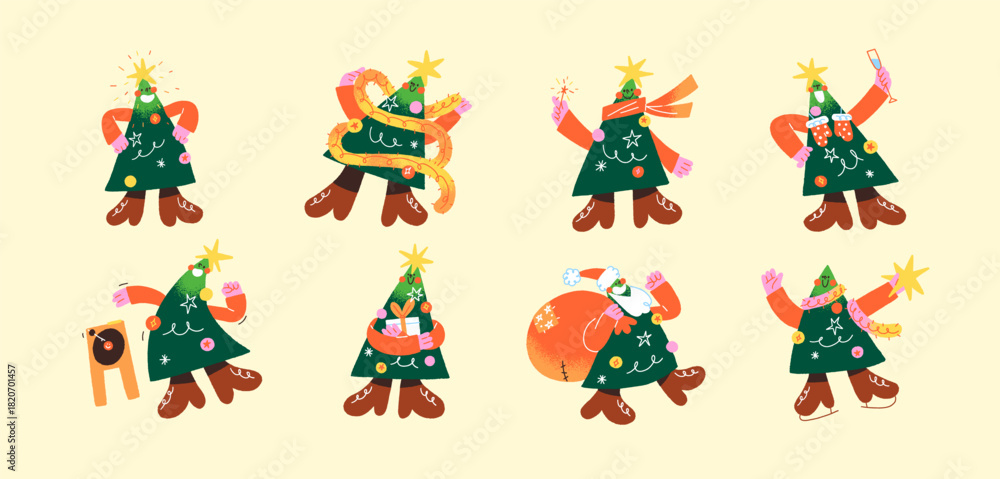 Obraz premium Christmas trees with happy face set. Cute Xmas firs decorated with star, garland and balls celebrate winter holidays. Funny firtrees with gifts. Flat isolated vector illustrations on white background