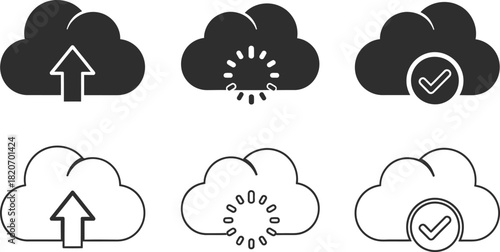 Cloud computing icons upload processing and verification in black and white