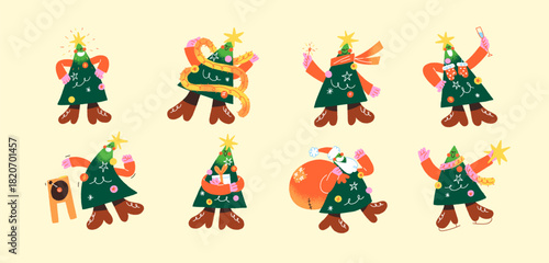 Christmas trees with happy face set. Cute Xmas firs decorated with star, garland and balls celebrate winter holidays. Funny firtrees with gifts. Flat isolated vector illustrations on white background