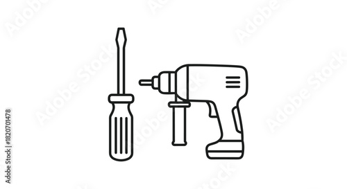 Get it done with this screwdriver and drill perfect for DIY projects or home improvement a simple line drawing for your creative needs!, Generative AI.