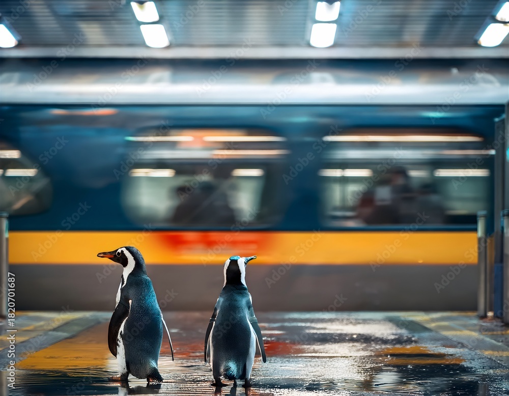 Fototapeta premium Zwei Pinguine warten auf dem Bahnsteig auf einen Zug. 
