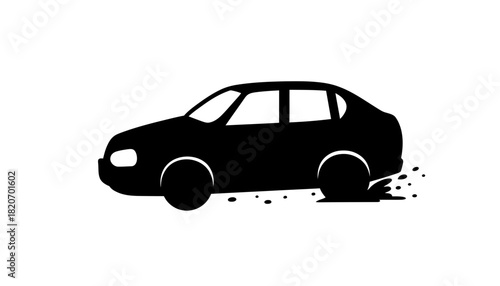 Sleek black sedan speeding away, kicking up dust and debris.