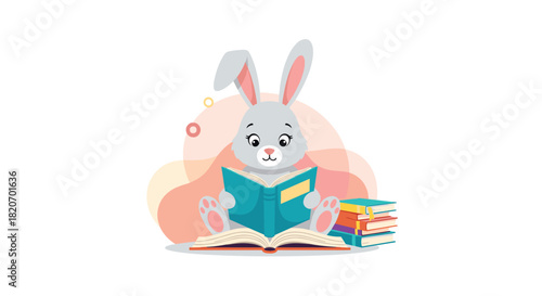 A sweet cartoon bunny sits on the floor intently reading a large open book with a stack of colorful books waiting nearby for it.