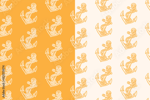 Anchor and rope hand drawn seamless pattern on yellow beige background for nautical and marine merchandise. Ship vessel anchor engraving doodle pattern background. Boat anchor hatching motif wallpaper