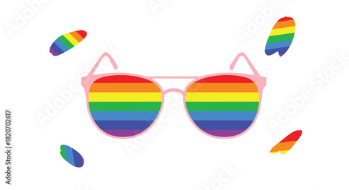 A pair of stylish pink sunglasses with rainbow-colored lenses celebrating LGBTQ pride month with colorful feather-like shapes floating around them.