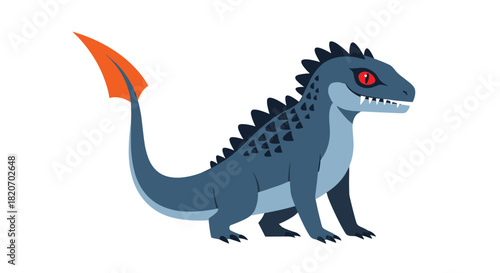 A fierce-looking blue fantasy monster or dragon with red eyes spiky scales and a vibrant orange-tipped tail on a white background.
