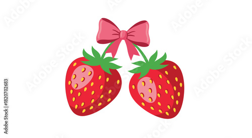 Two ripe and juicy red strawberries are tied together at the stems with a cute and decorative pink bow in a sweet illustration.