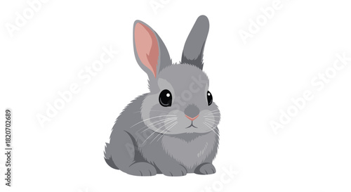 A realistic and detailed illustration of an adorable fluffy grey baby rabbit sitting attentively on a clean white background.