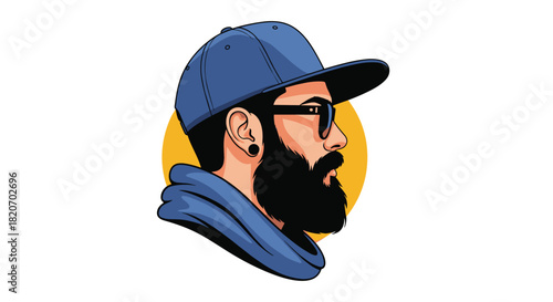 A stylish profile portrait of a modern bearded man wearing a blue baseball cap sunglasses and a hoodie against a yellow circle.