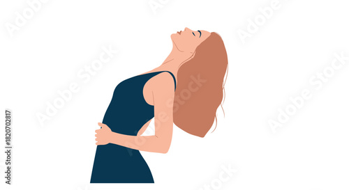 A woman with long flowing hair and a dark dress arches her back and tilts her head back in a pose of relaxation or pleasure.