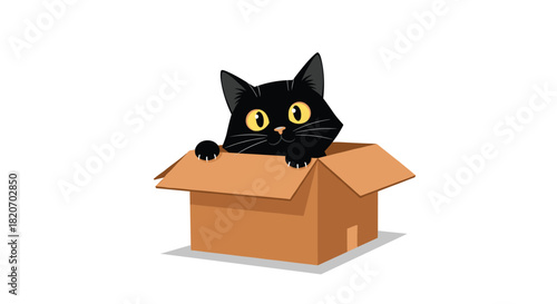 A playful and curious black cat with big yellow eyes peeks out from inside a simple brown cardboard box on a white background.