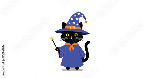 A cute black cat dressed as a wizard for Halloween wearing a pointy blue hat with stars a cape and holding a magic wand.