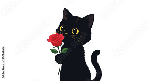 An adorable black kitten with large golden eyes is sitting and holding a single beautiful red rose in a romantic and sweet gesture.