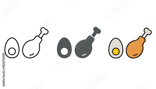Simple icons of a fried chicken leg and a boiled egg in outline, solid, and color styles