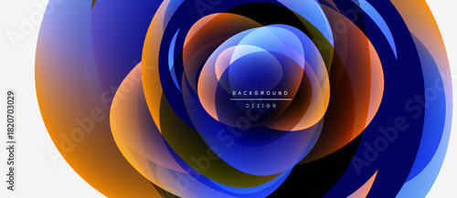 Abstract design features layered circles, vibrant blues, oranges. Modern aesthetic, clean lines, central text reads background design.