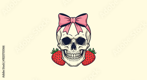 A human skull wearing a cute pink bow is flanked by two ripe red strawberries in a quirky and edgy vector art illustration.