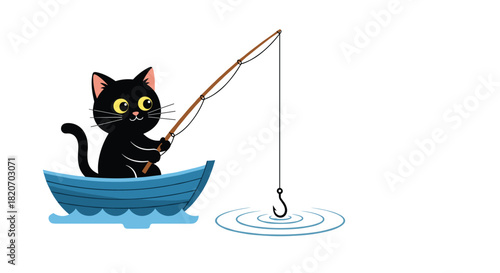 A cute black cat is happily fishing from a small blue boat on the water with a fishing rod and an empty hook in the water.