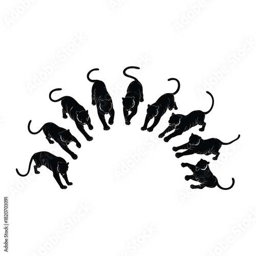Silhouette of black panthers in a dynamic arc against white background