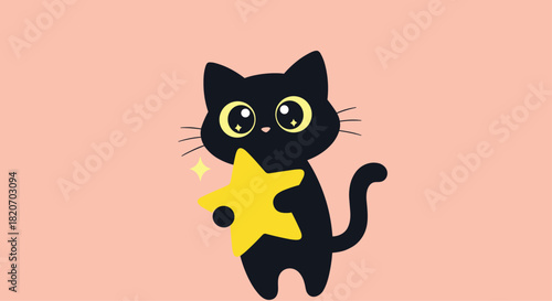 A very cute black cat with big sparkling eyes stands holding a large yellow star against a simple and warm pink background.