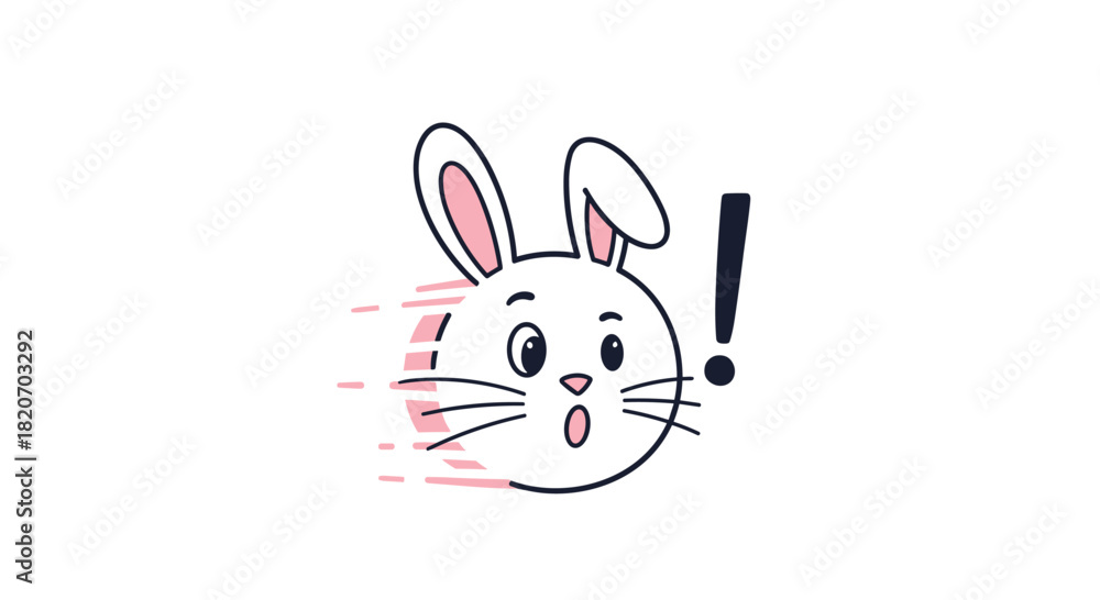 Fototapeta premium A surprised cartoon rabbit head with pink speed lines dashes away in alarm next to a bold black exclamation mark on a white background.