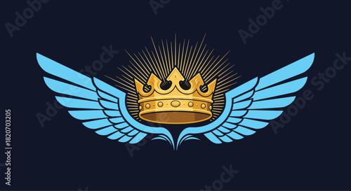 A majestic golden crown with radiant sunbeams is flanked by a pair of large light blue wings on a dark background for a royal logo.