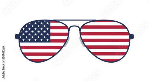 A pair of classic aviator sunglasses displays a reflection of the American flag with stars and stripes in a patriotic concept illustration.