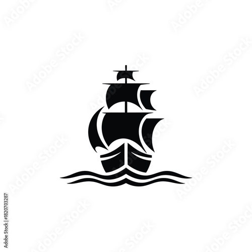 Black silhouette of a vintage sailing ship on wavy water