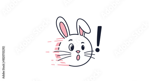 A surprised cartoon rabbit head with pink speed lines dashes away in alarm next to a bold black exclamation mark on a white background.